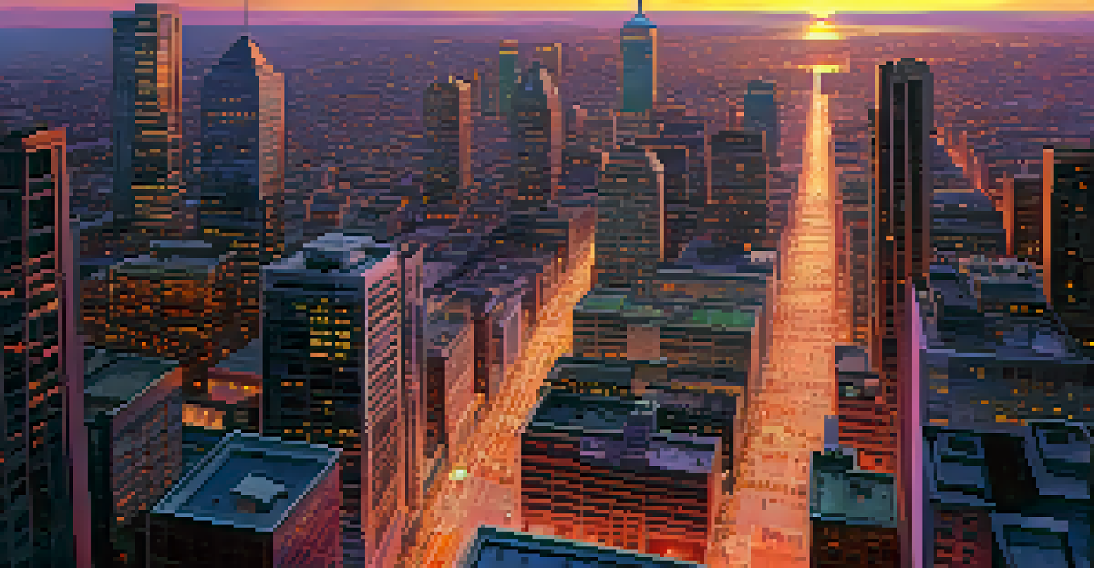 A city skyline at sunset with illuminated skyscrapers and busy streets below.