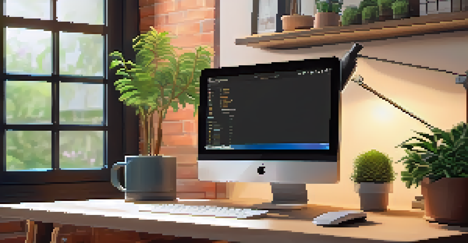 A cozy home office with a computer showing a Bitcoin wallet interface, surrounded by a plant and a notebook, with a garden view outside the window.