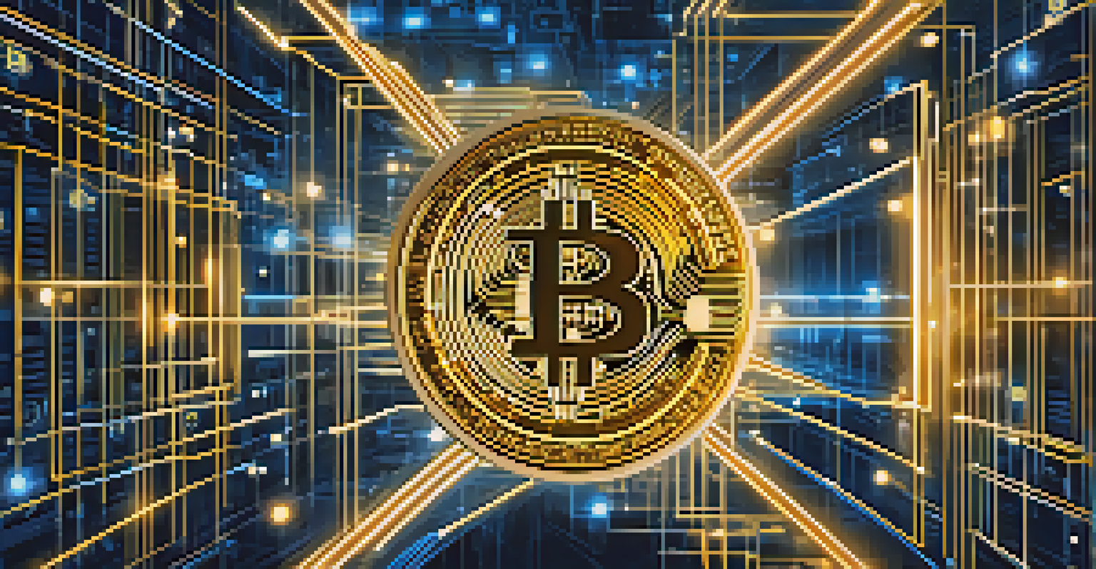 An abstract visualization of Bitcoin's blockchain technology, highlighting interconnected nodes in blue and gold against a digital background.