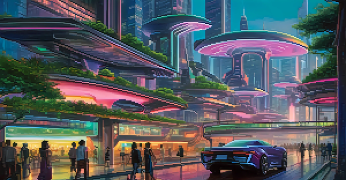 A colorful futuristic city skyline at dusk with flying cars and people on elevated walkways.