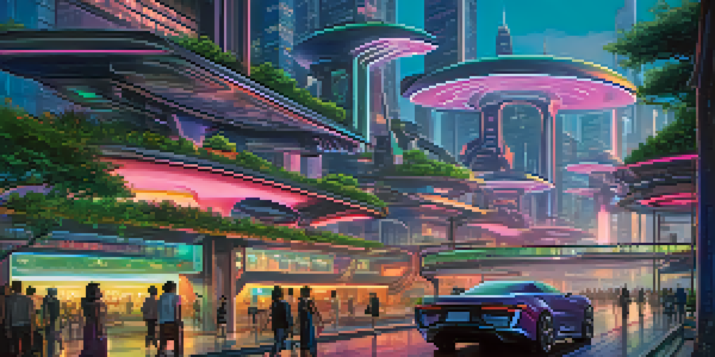 A colorful futuristic city skyline at dusk with flying cars and people on elevated walkways.