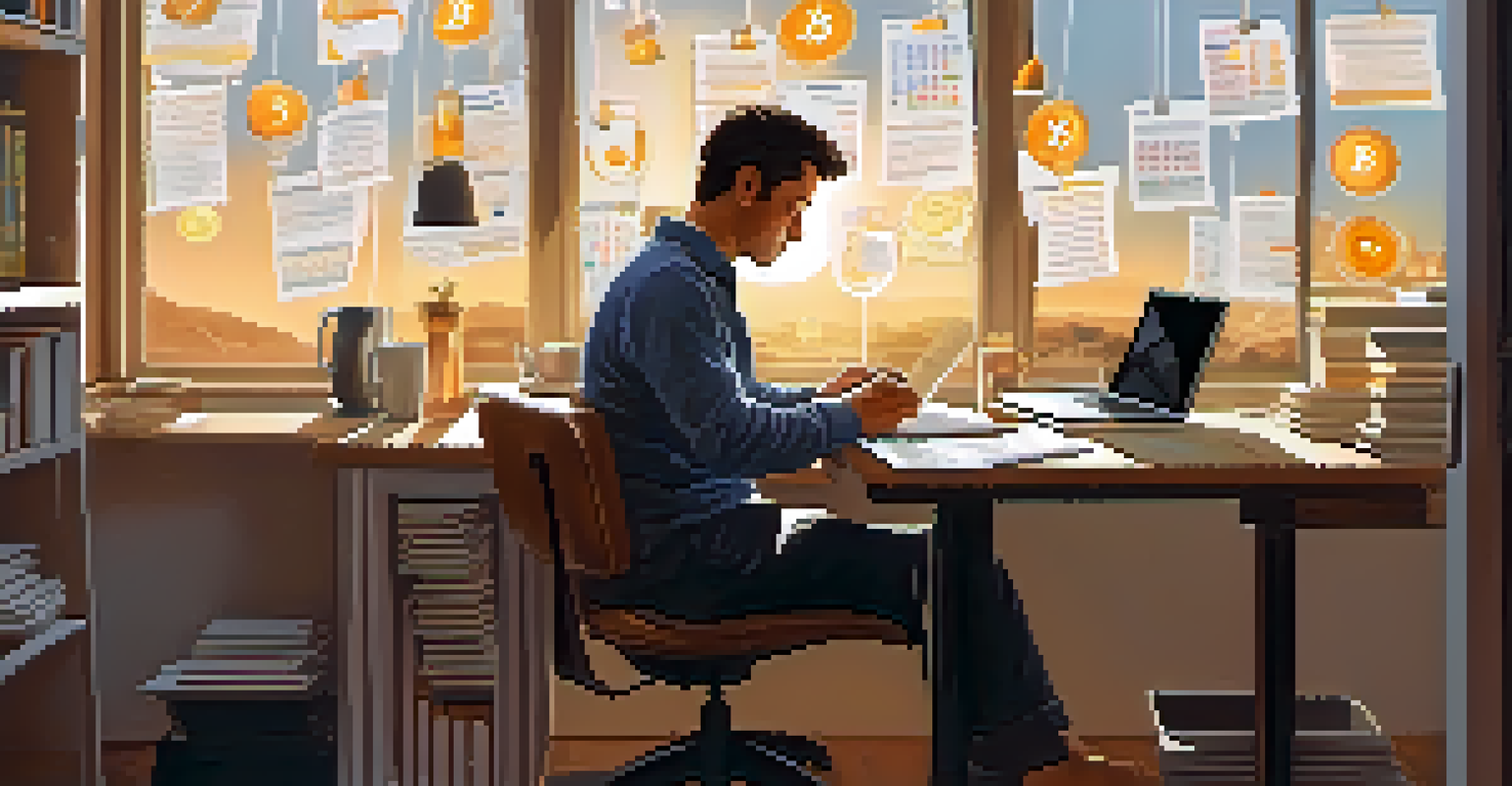 A person at a desk with a laptop, studying Bitcoin charts and graphs, with notepads and a coffee cup, illuminated by warm sunlight from a window.