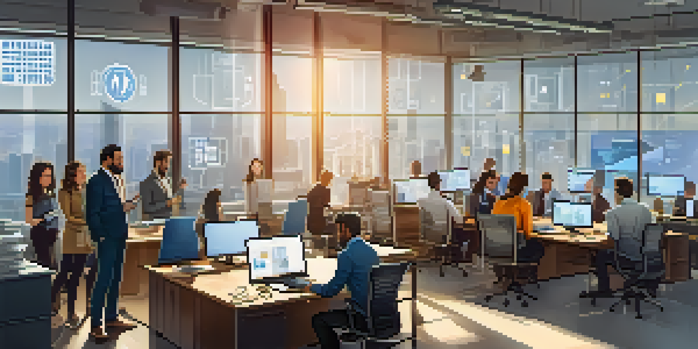 A diverse group of employees in a modern office discussing Bitcoin salary payments, with laptops and charts visible.