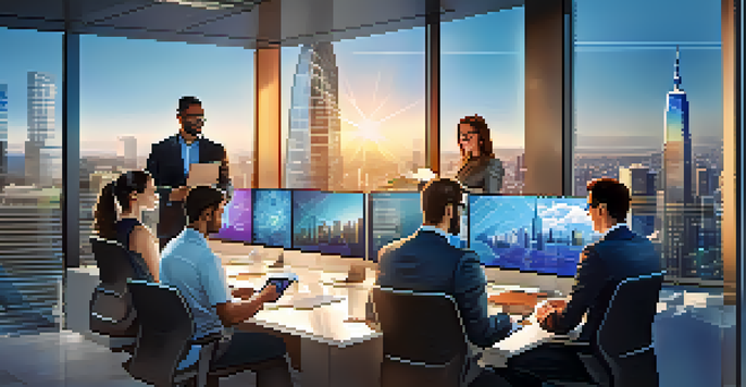 A diverse group of professionals in a modern office, working together on a digital tablet displaying blockchain technology graphics, with a city skyline in the background.