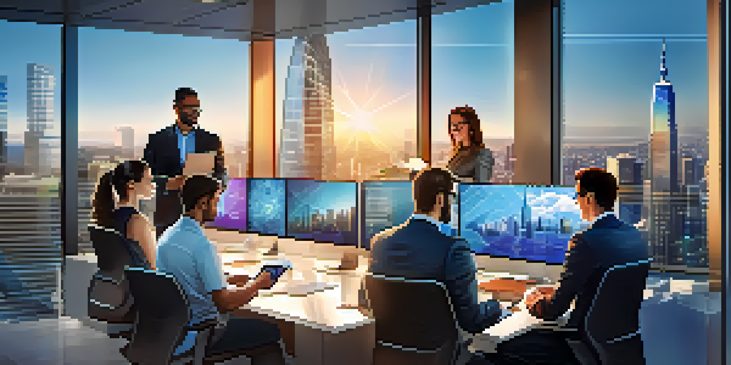 A diverse group of professionals in a modern office, working together on a digital tablet displaying blockchain technology graphics, with a city skyline in the background.