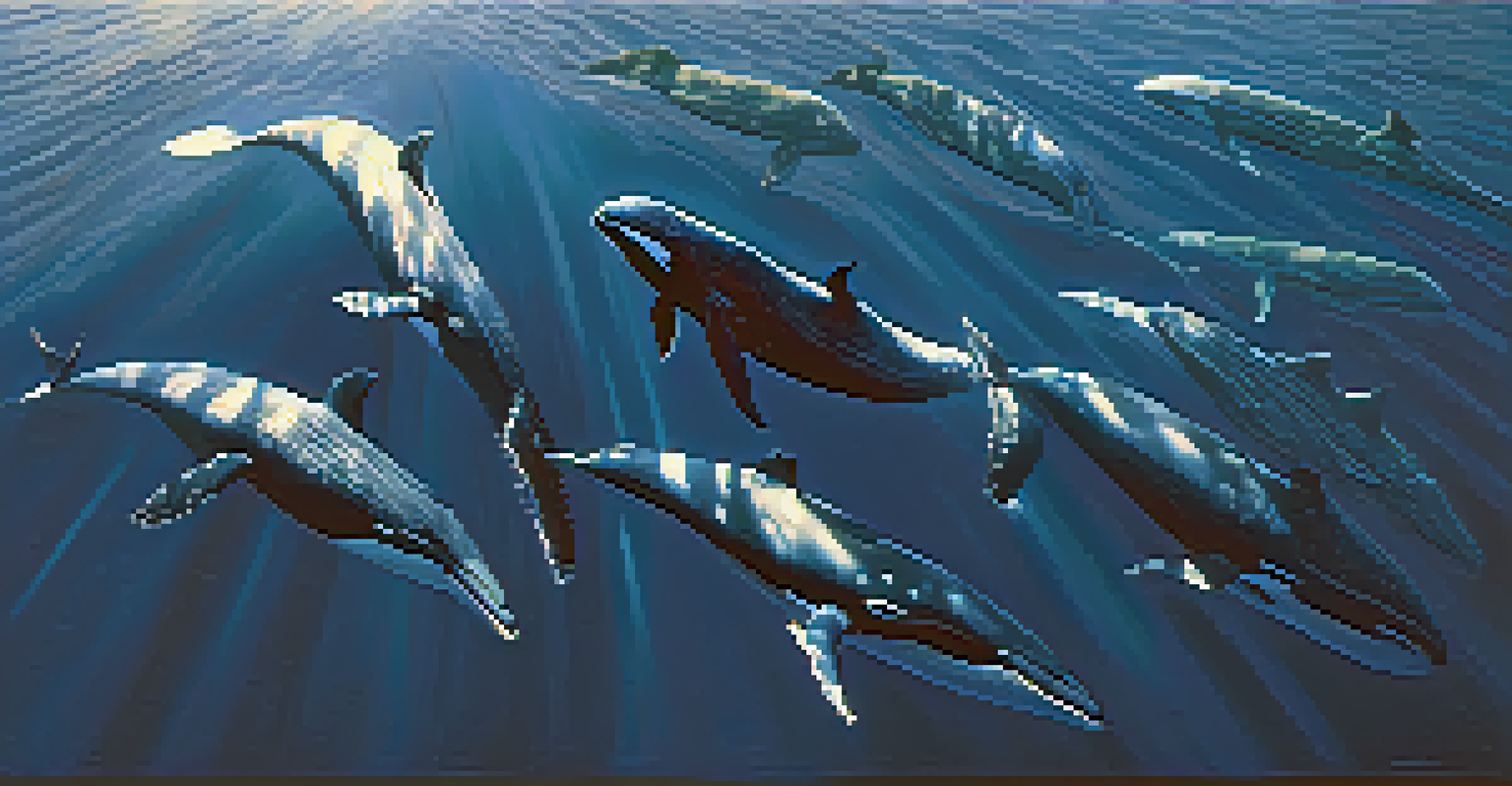 An aerial view of a group of whales swimming in the deep blue ocean.