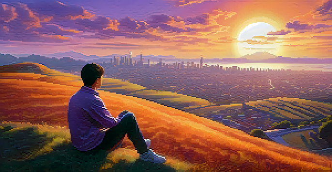A person on a hilltop at sunset, looking at Bitcoin symbols in the sky, representing hope during economic challenges.