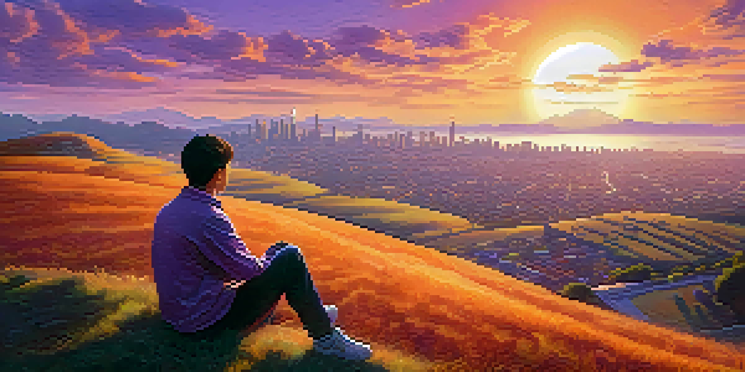 A person on a hilltop at sunset, looking at Bitcoin symbols in the sky, representing hope during economic challenges.