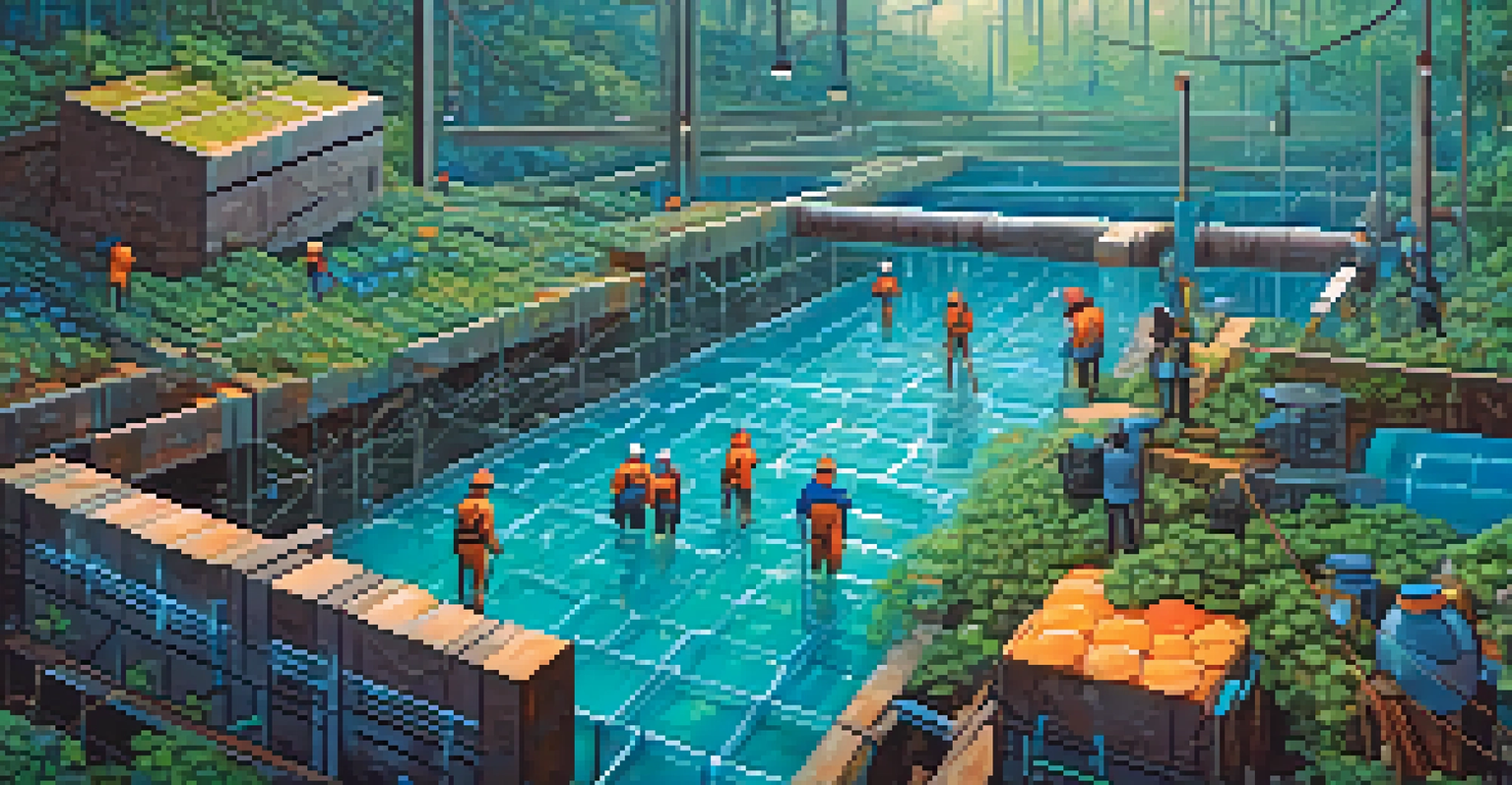 A visual representation of a decentralized mining pool with small characters working together in a digital landscape.