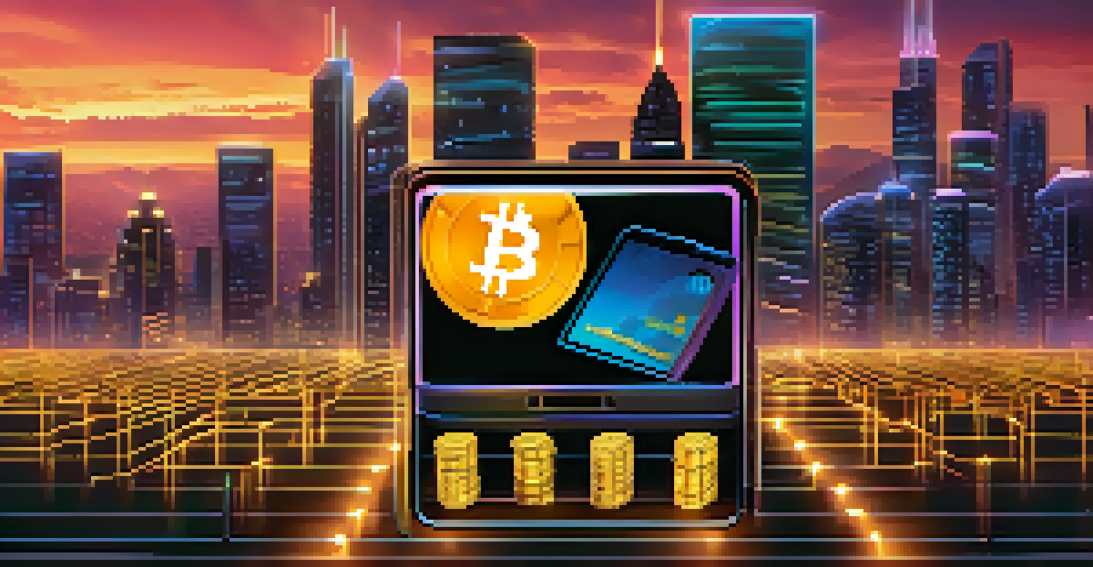 A digital wallet filled with Bitcoin coins in front of a futuristic city skyline at dusk with neon lights.