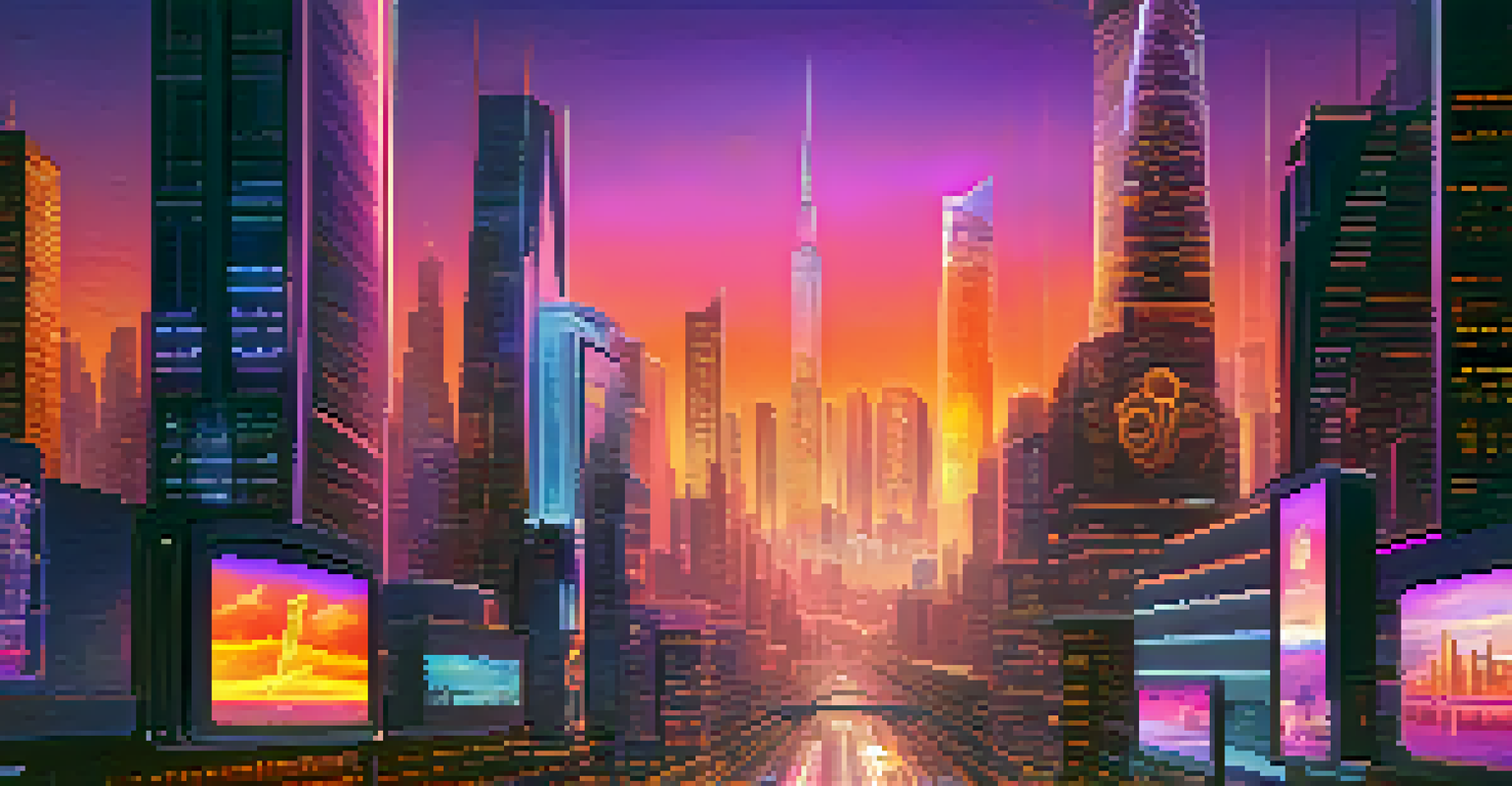 A futuristic city skyline with neon lights and flying vehicles at dusk, featuring a digital billboard with cryptocurrency symbols.