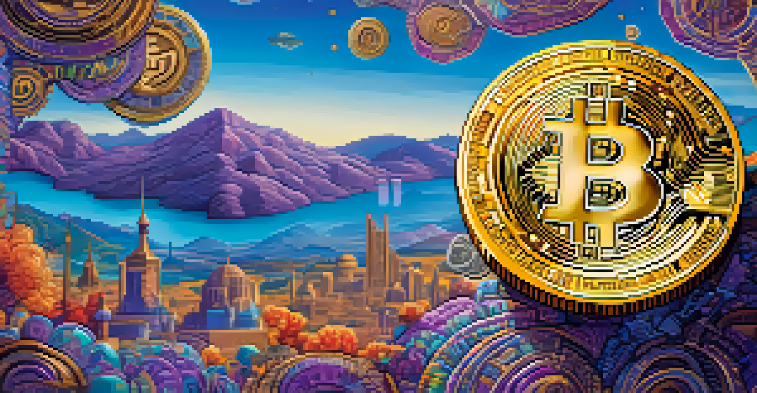 A golden Bitcoin coin floating over a colorful digital landscape, symbolizing technology and creativity.