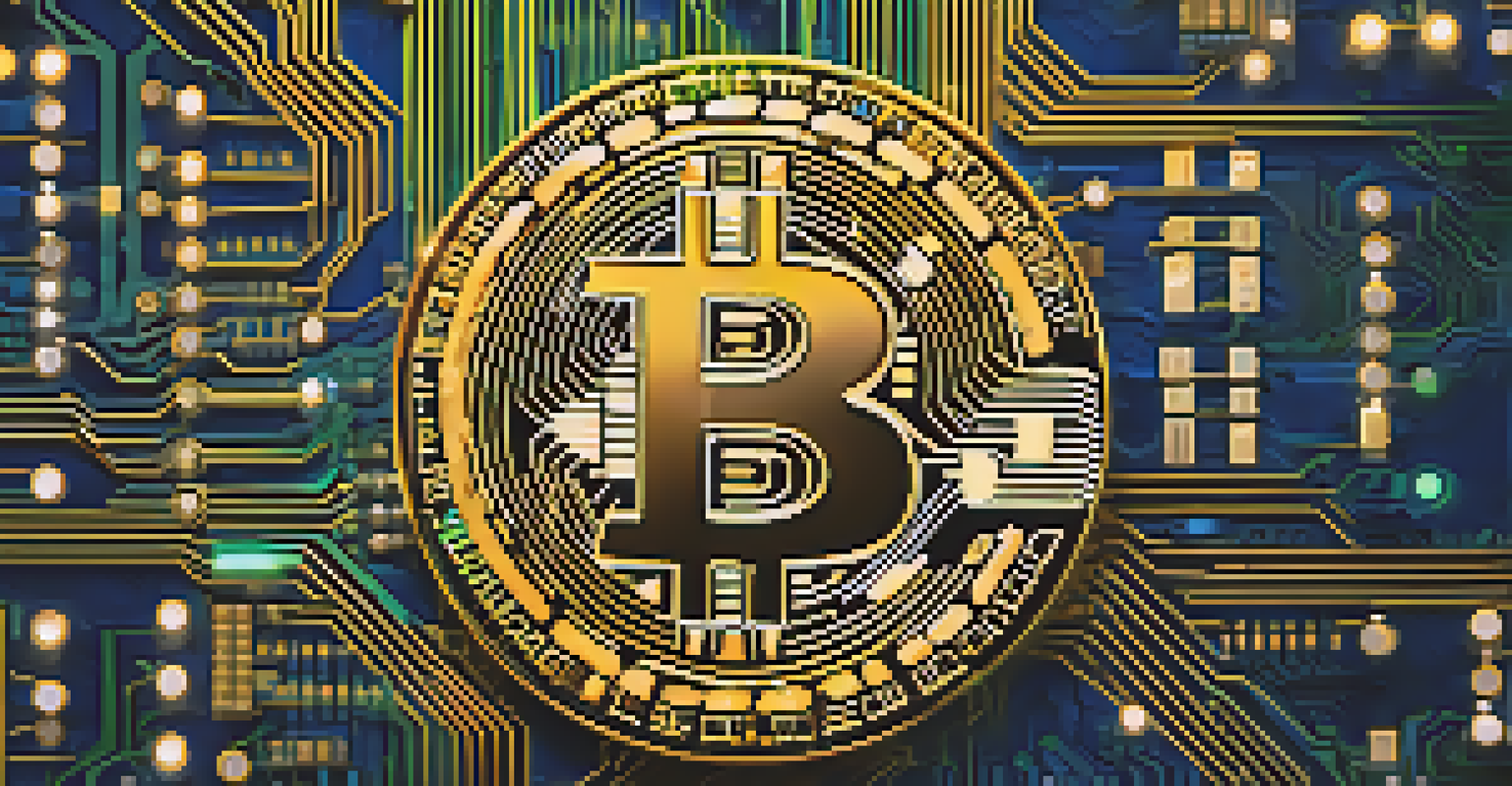 A vibrant Bitcoin symbol in gold, surrounded by a digital circuit board design against a blue and green background.