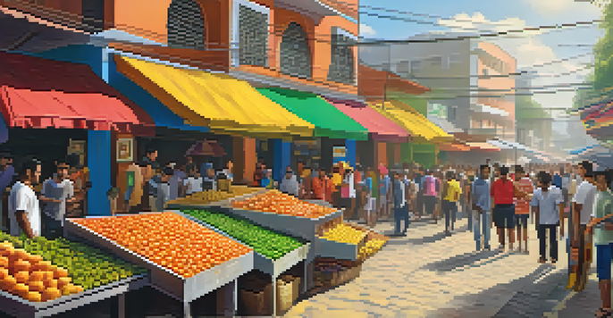 A busy market in Venezuela with people using smartphones for cryptocurrency transactions, colorful stalls, and a mural of Bitcoin symbols.