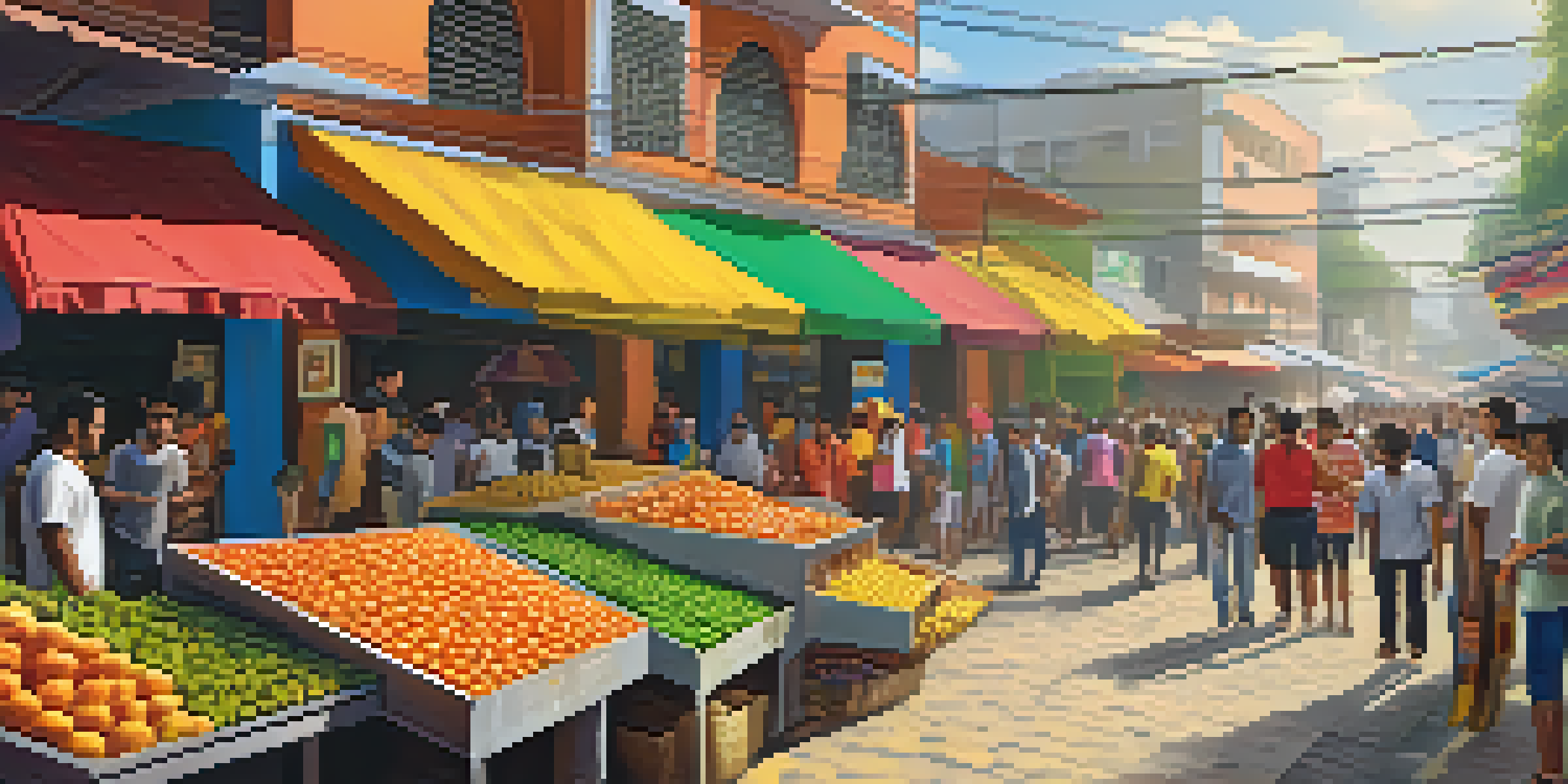 A busy market in Venezuela with people using smartphones for cryptocurrency transactions, colorful stalls, and a mural of Bitcoin symbols.