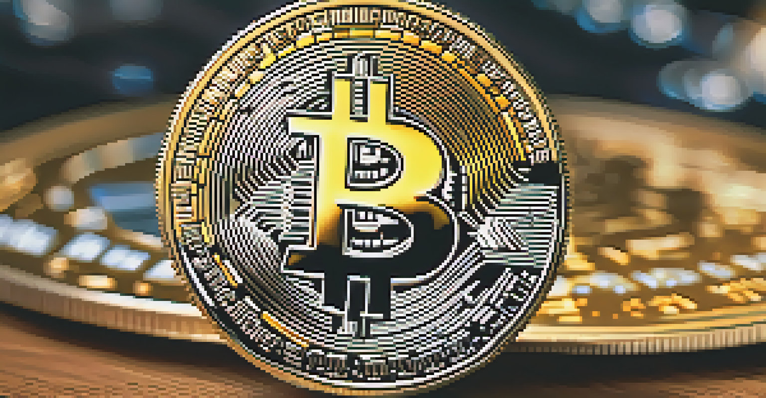 A close-up of a Bitcoin coin on a wooden table with soft natural lighting and blurred financial charts in the background.
