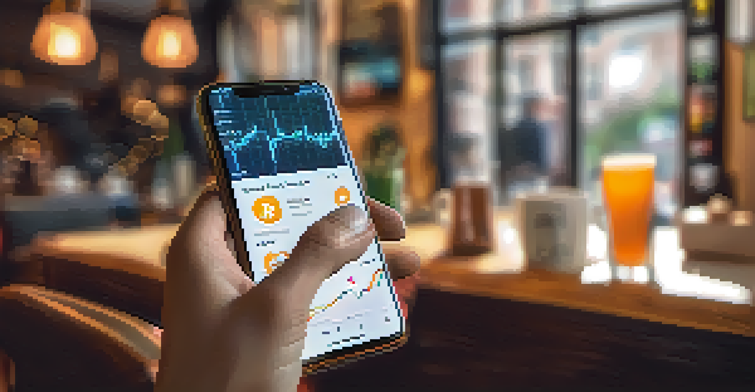 A hand holding a smartphone with a Bitcoin trading app in a café setting.