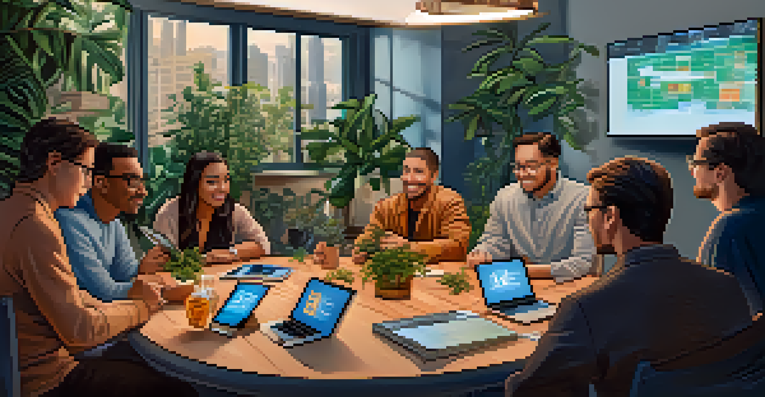 A diverse group of investors around a table looking at a digital screen showing Bitcoin prices.