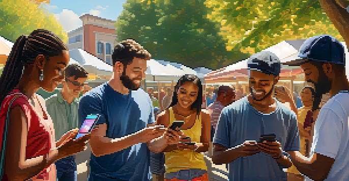 A diverse group of people using a smartphone to access a Bitcoin wallet in a lively outdoor market.