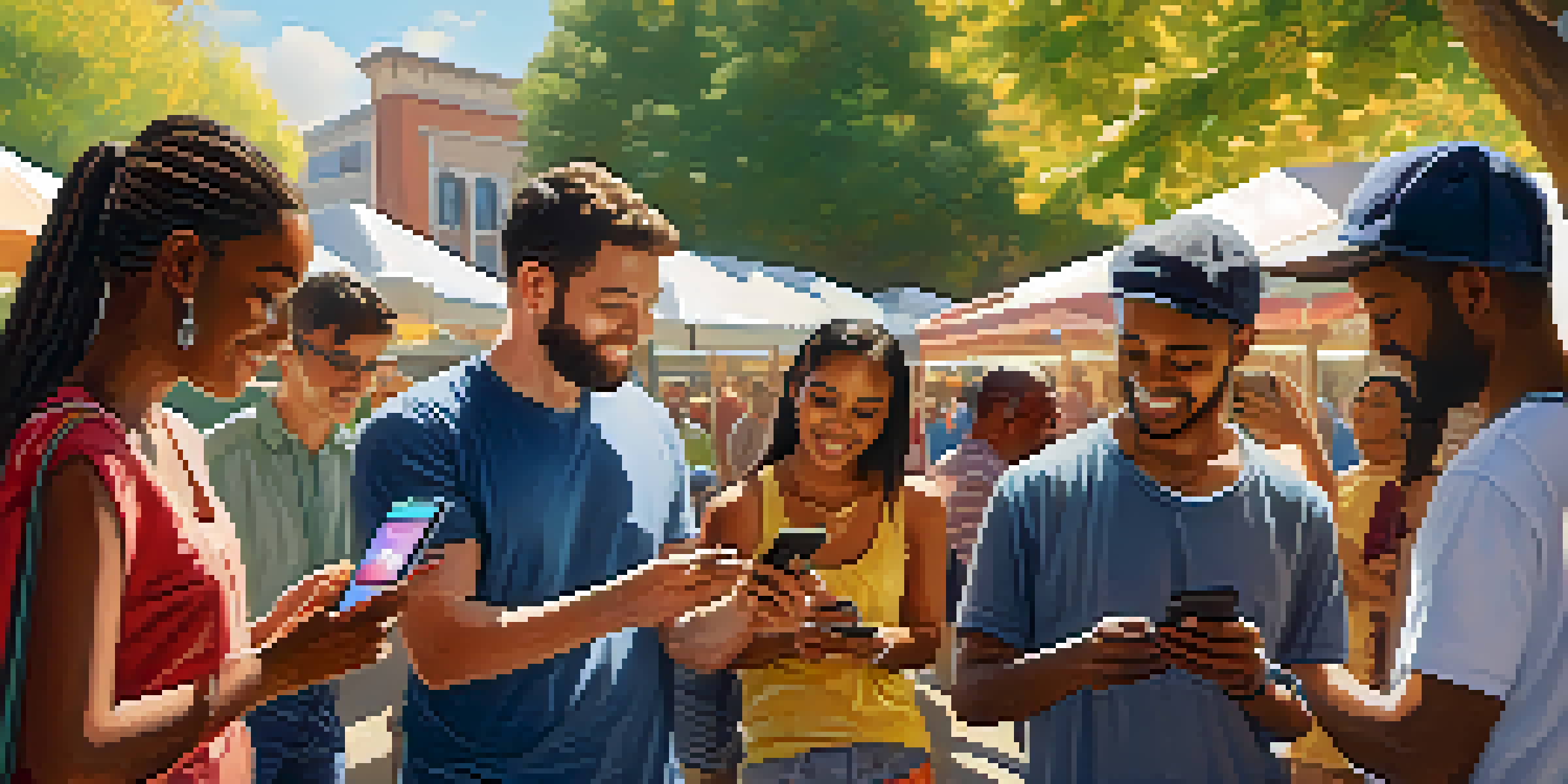 A diverse group of people using a smartphone to access a Bitcoin wallet in a lively outdoor market.