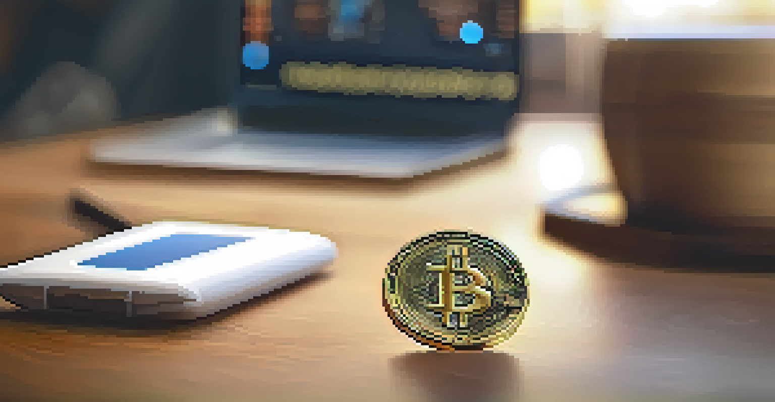 A close-up of a Bitcoin coin on a wooden table with a laptop and coffee cup in a cozy workspace.