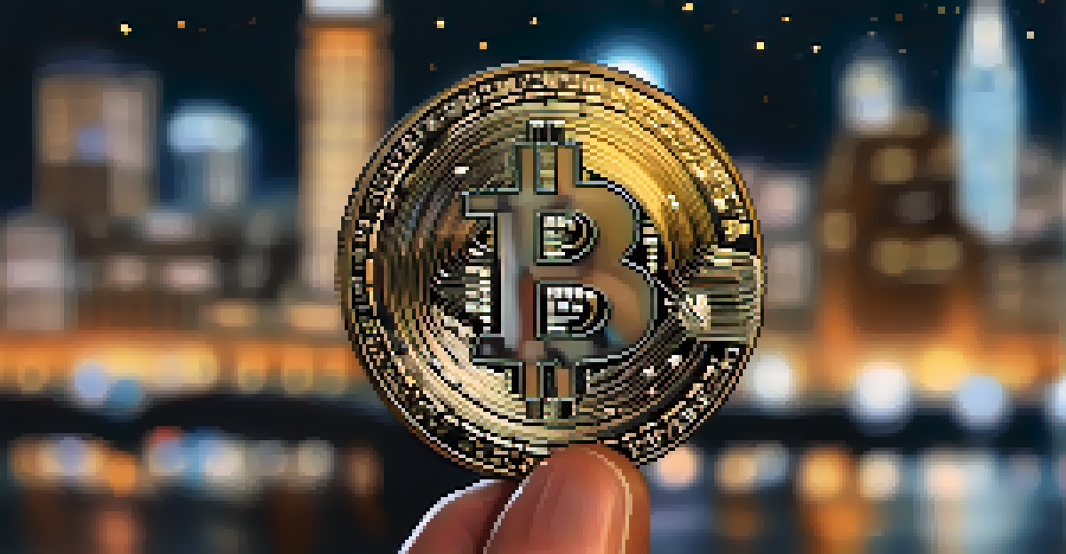 A hand holding a physical Bitcoin in front of a blurred cityscape at night, with streetlights illuminating the coin.