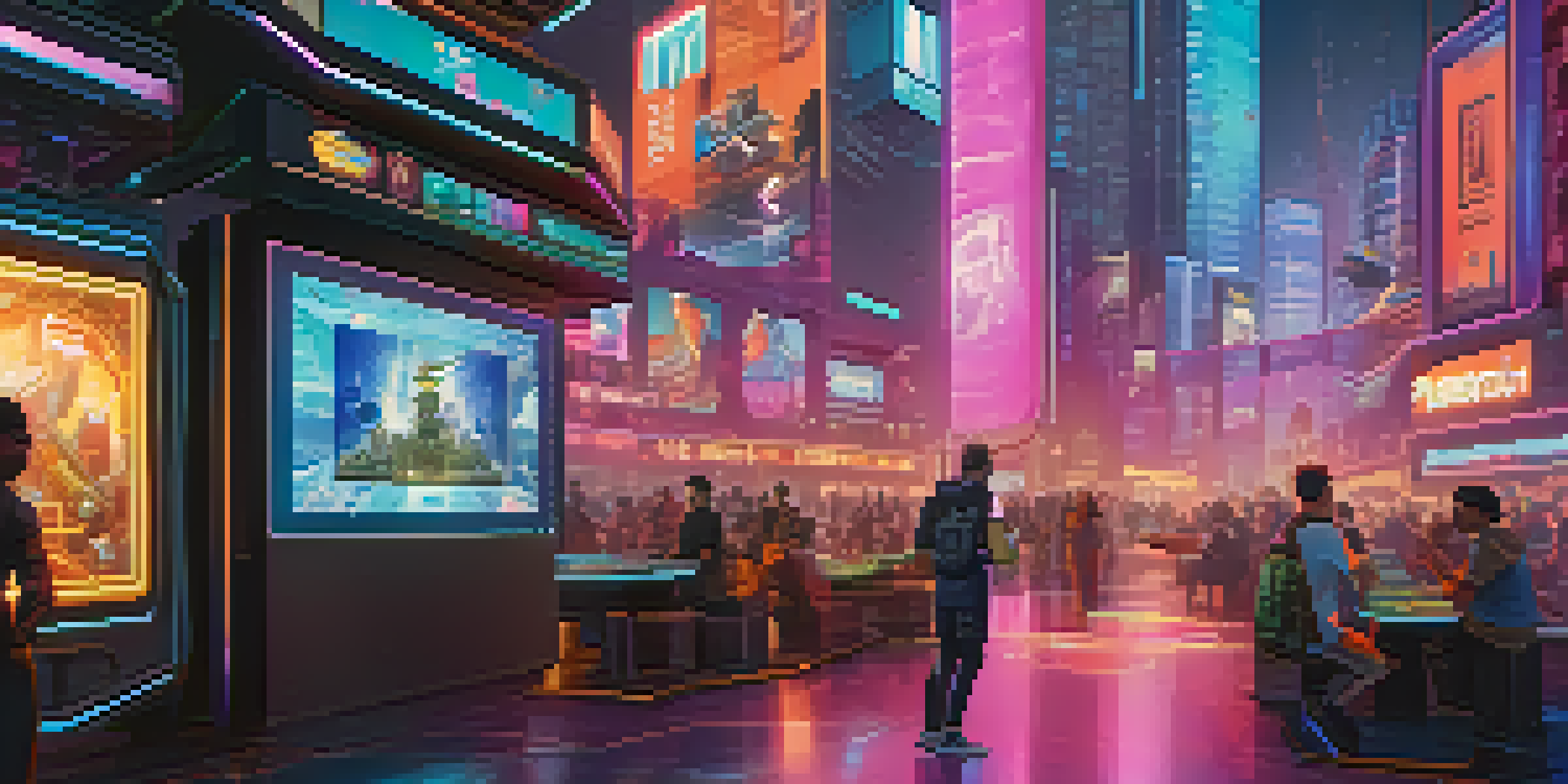 A futuristic gaming scene where players trade animated in-game assets using a holographic interface, with a neon-lit cityscape in the background.