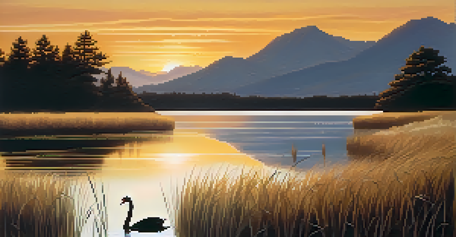 A peaceful lake at sunset with mountains in the background and a swan on the water.