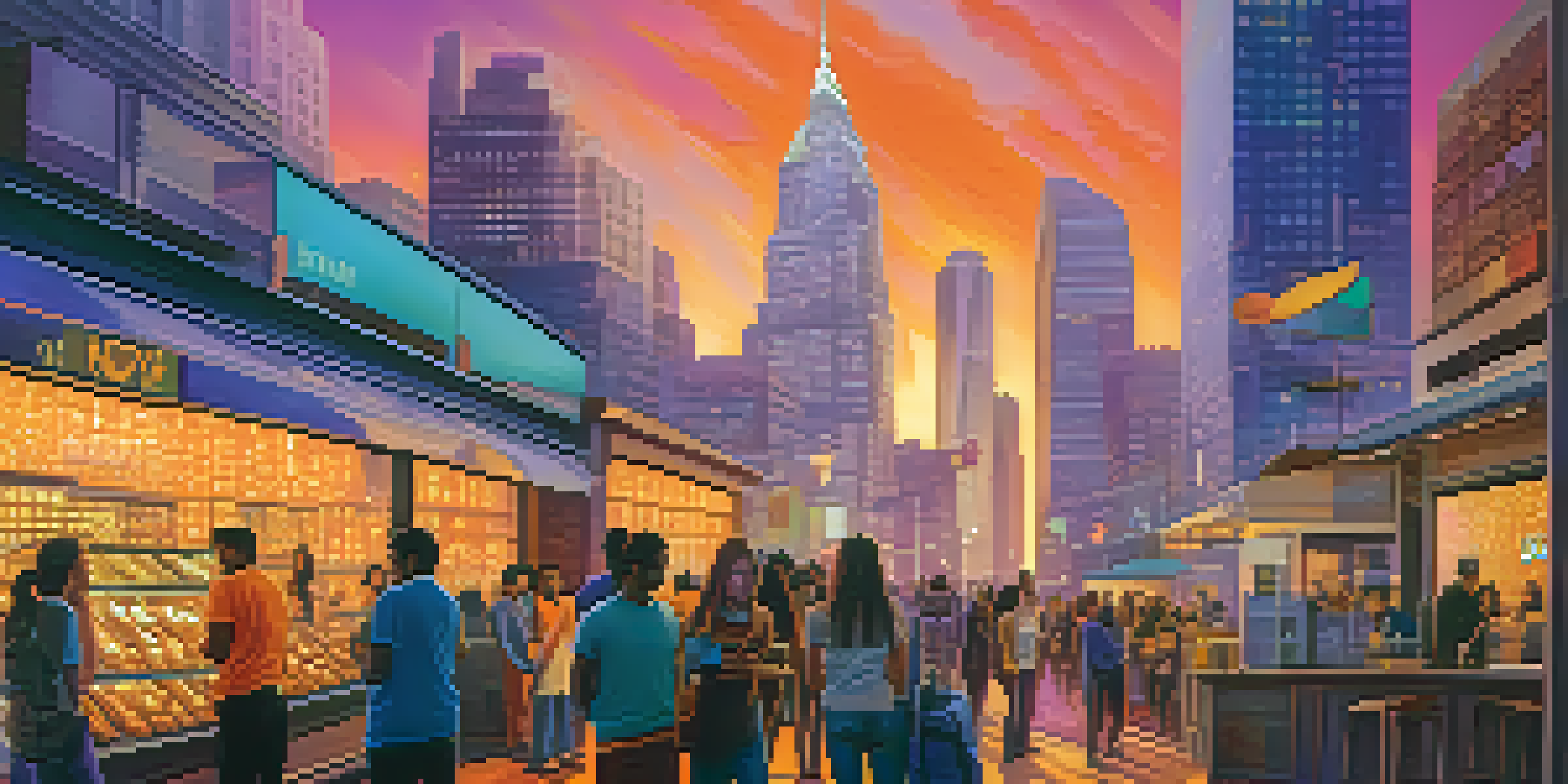 A city skyline at sunset with people engaged in transactions and Bitcoin logos visible on shops.