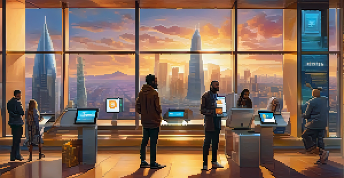 A futuristic digital banking scene with diverse individuals using Bitcoin technology and holographic displays against a city skyline during sunset.