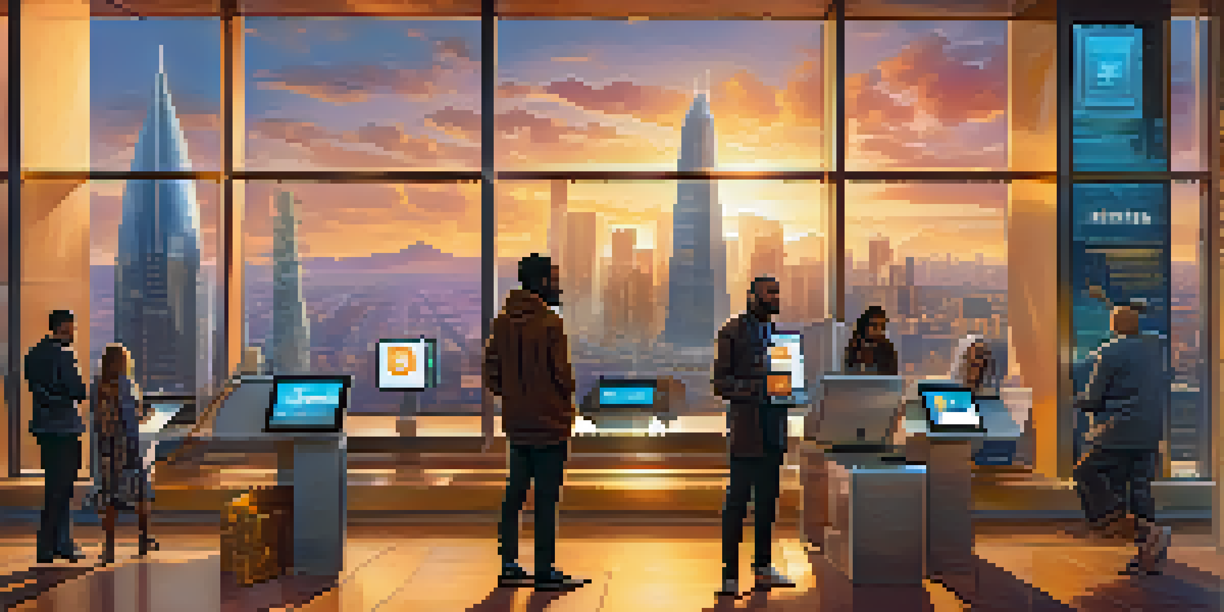 A futuristic digital banking scene with diverse individuals using Bitcoin technology and holographic displays against a city skyline during sunset.