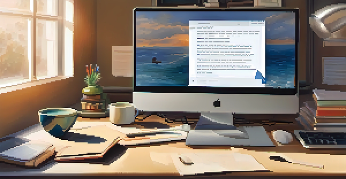 A computer screen showing a phishing email with poor grammar and a suspicious sender's address, surrounded by a cluttered desk.