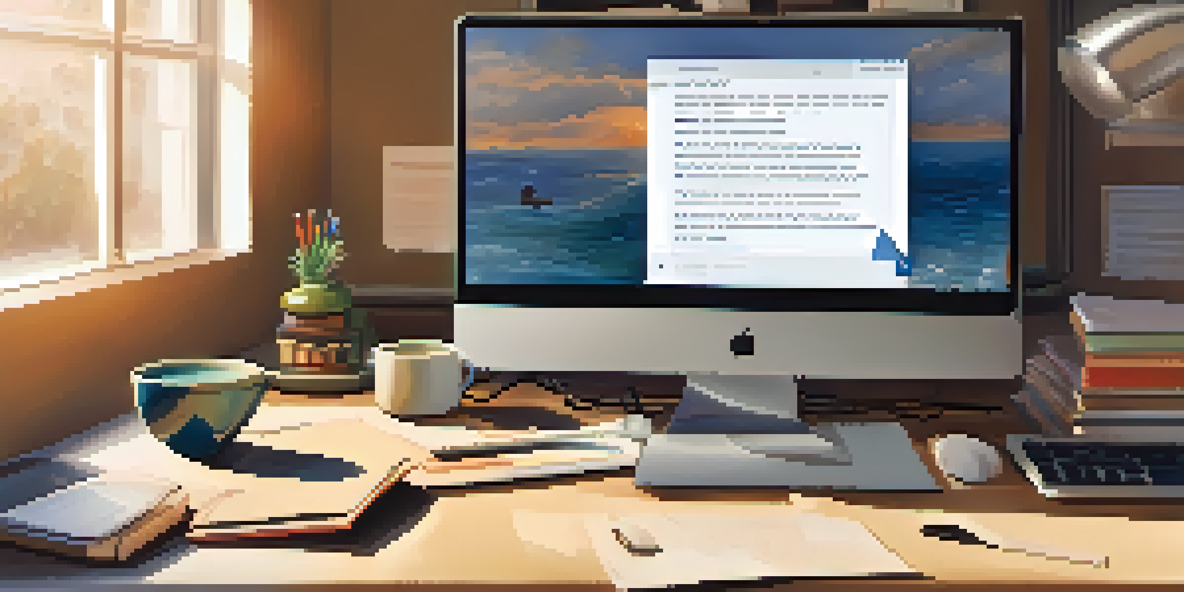 A computer screen showing a phishing email with poor grammar and a suspicious sender's address, surrounded by a cluttered desk.