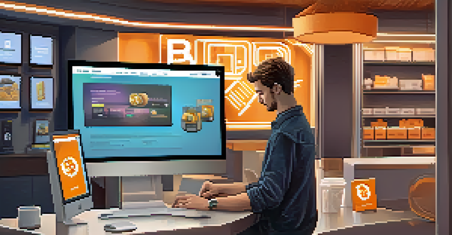 A user purchasing items online on a laptop, choosing Bitcoin as payment, in a modern room with ambient lighting.