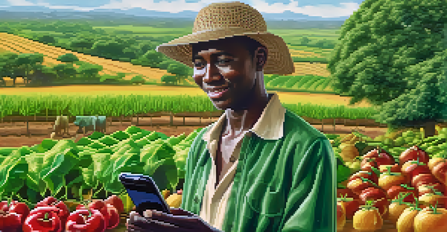 A farmer in Kenya receiving a Bitcoin payment on a smartphone, with lush fields in the background, illustrating empowerment through digital finance.