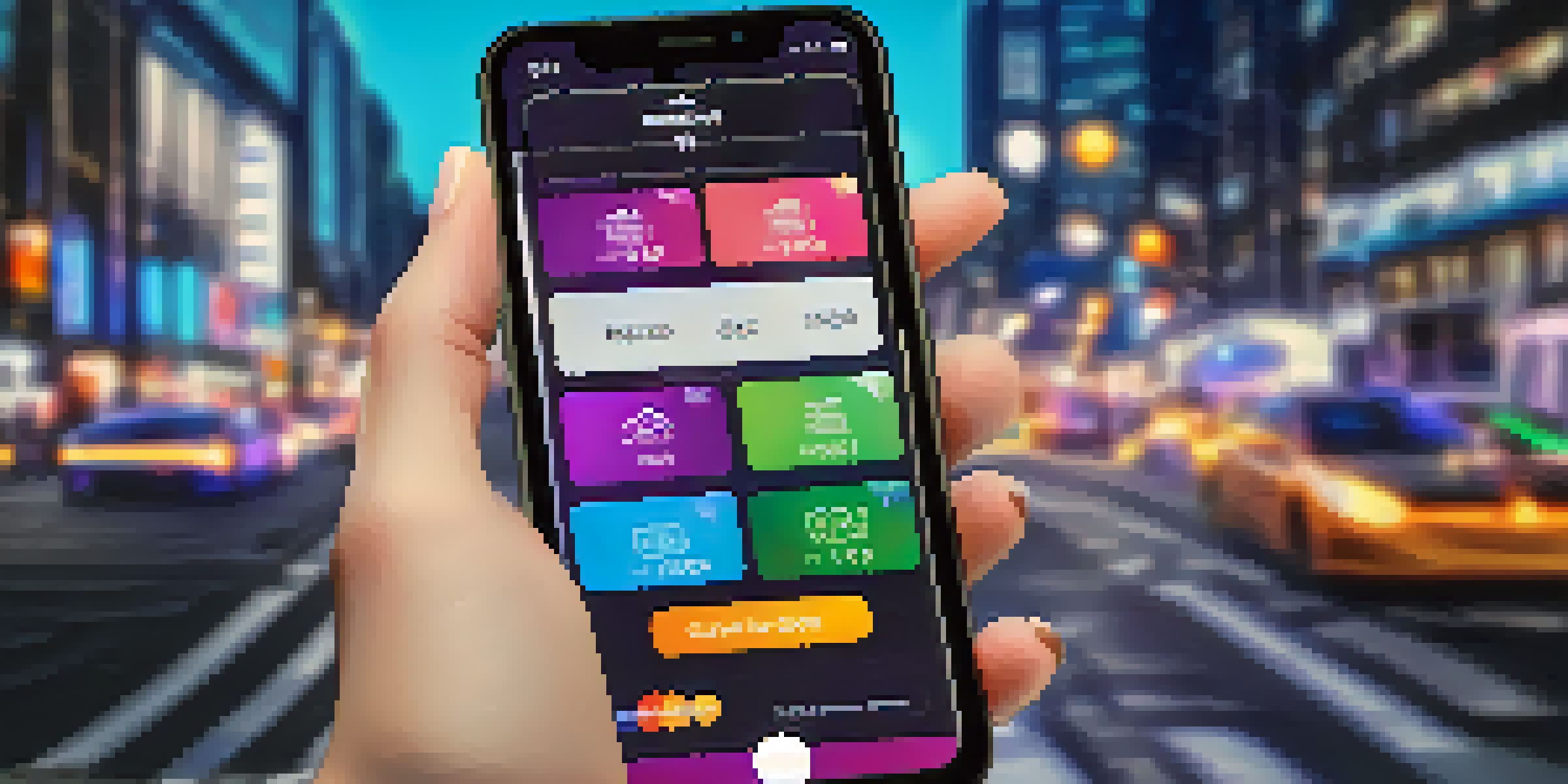 A smartphone displaying a modern Bitcoin wallet app with a QR code and balance, set against a blurred urban background.
