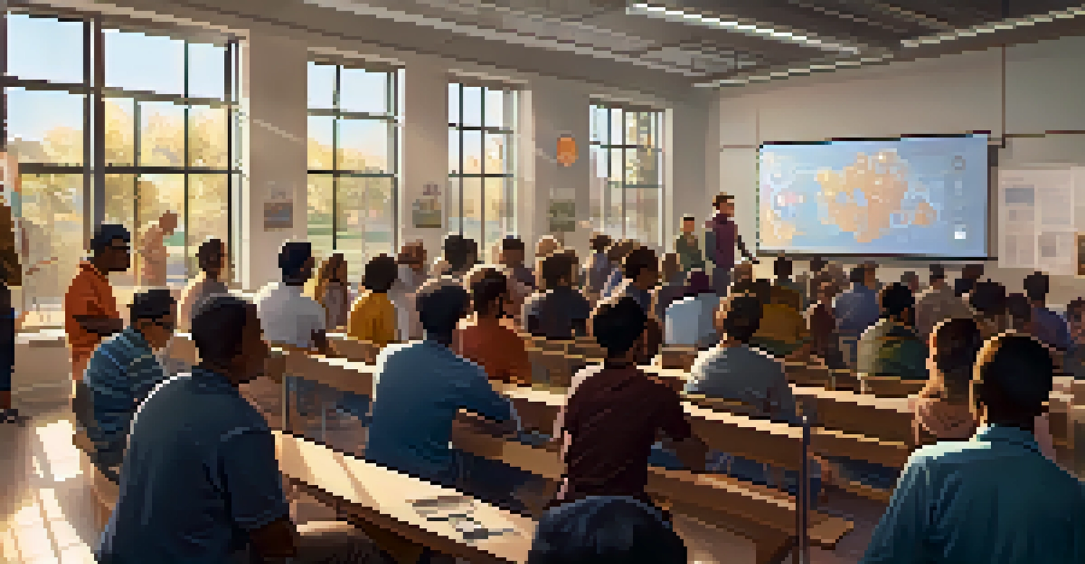 A community workshop with people learning about Bitcoin from a speaker, surrounded by educational materials.