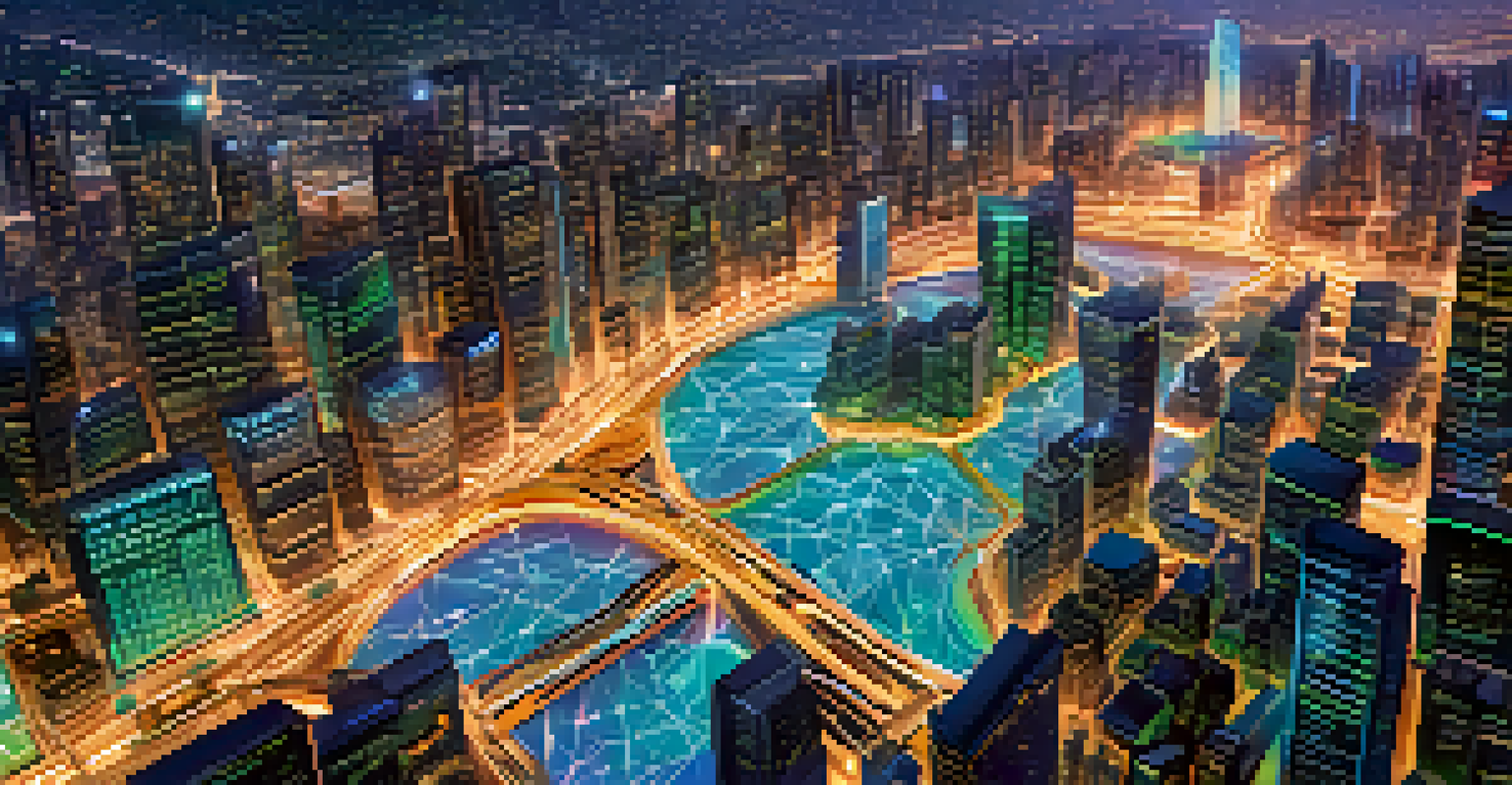 A colorful digital illustration of a blockchain network with interconnected nodes and a futuristic city backdrop.