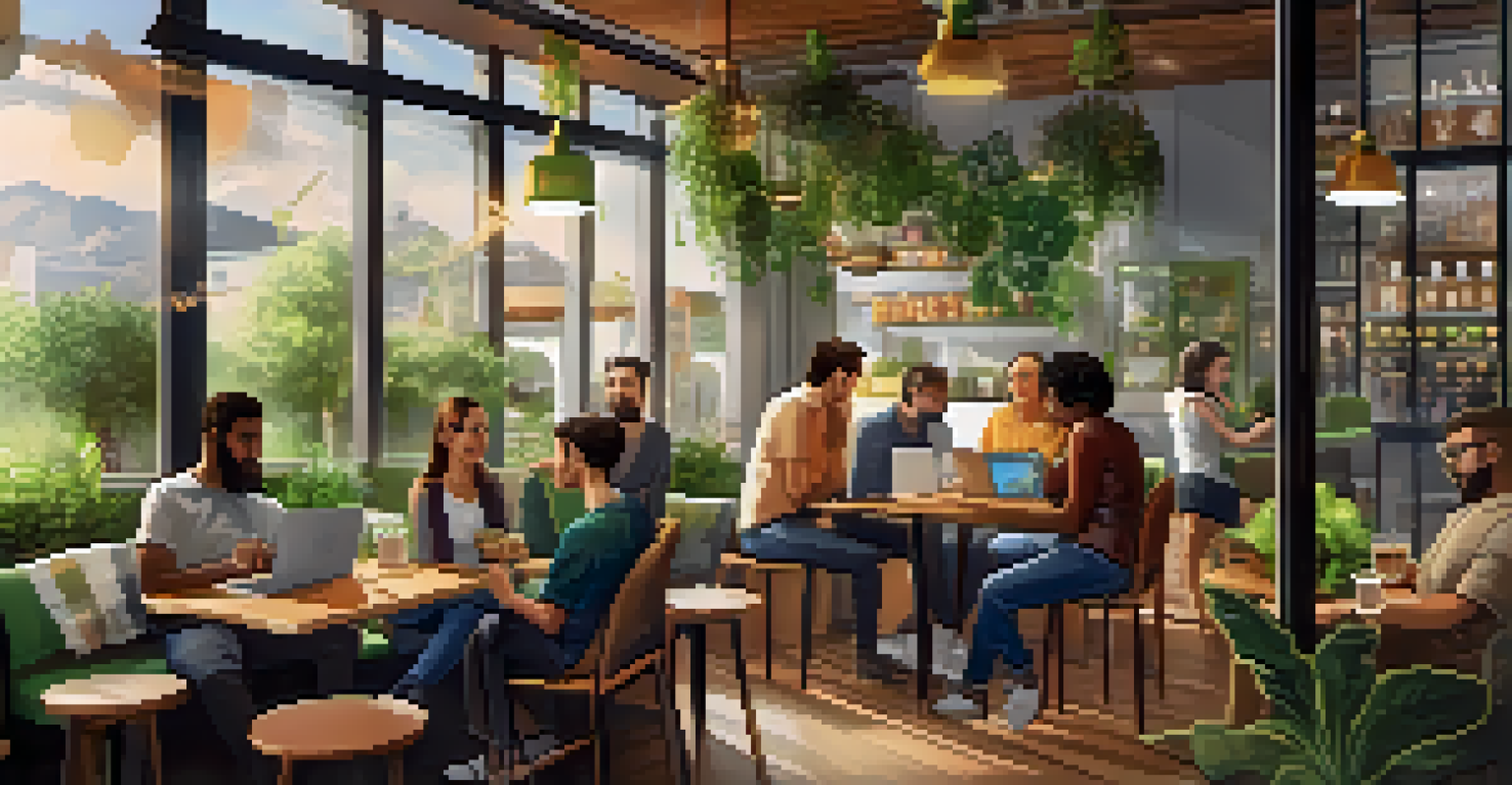 A diverse group of people in a café discussing Bitcoin and using laptops and smartphones.