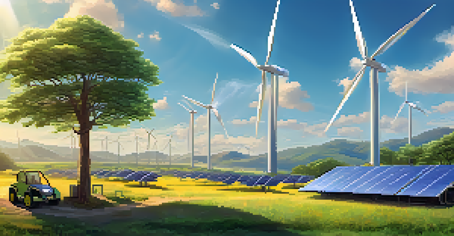 A peaceful landscape with solar panels and wind turbines powering a Bitcoin mining rig, surrounded by greenery and blue skies.