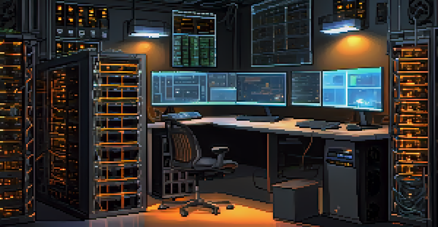 A hyper-realistic image of a Bitcoin miner's setup with advanced hardware and a monitor displaying cryptocurrency graphs in a dark room.