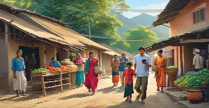A joyful family in a village receiving a remittance on a smartphone, with colorful houses and greenery in the background.