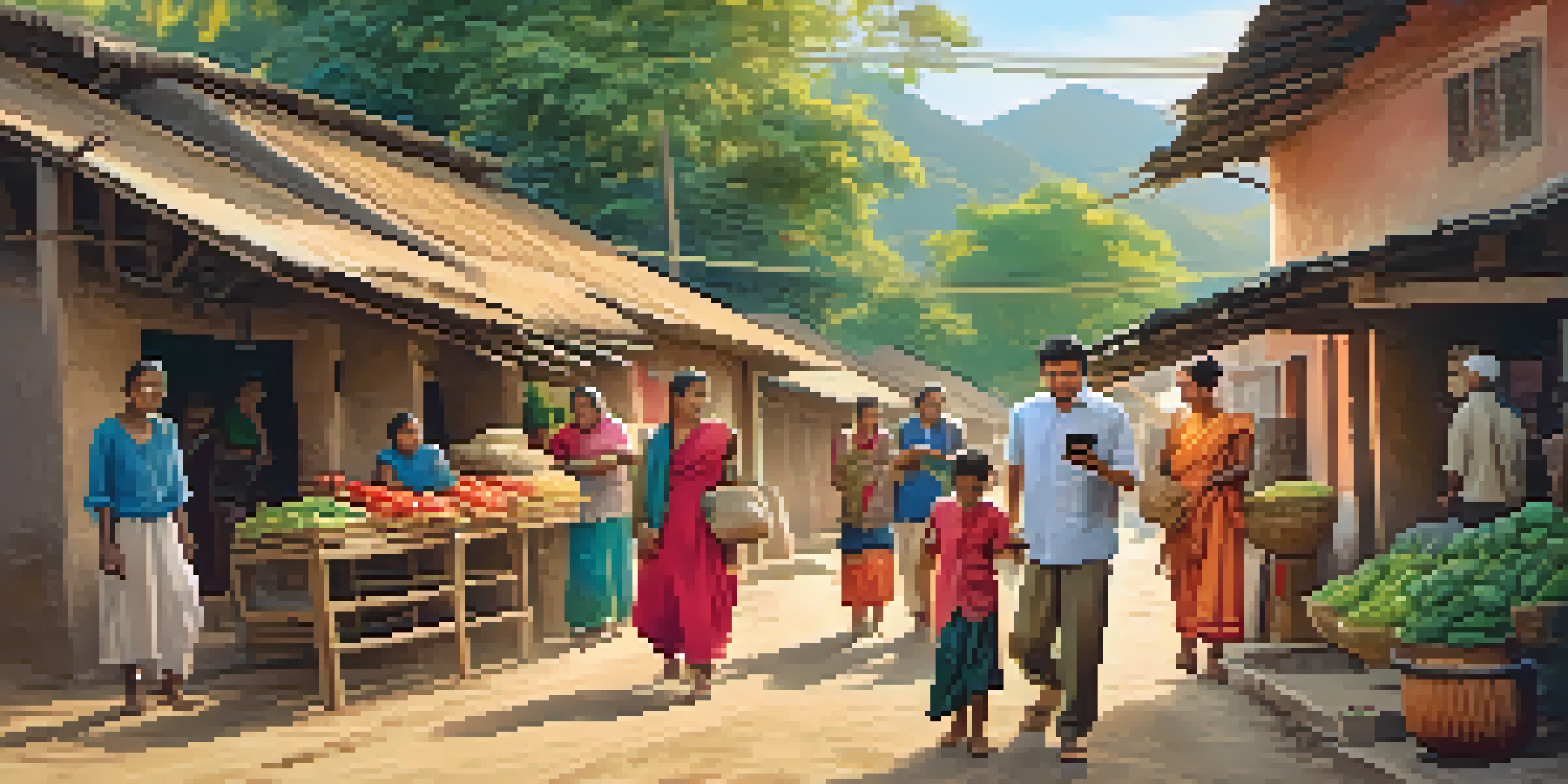 A joyful family in a village receiving a remittance on a smartphone, with colorful houses and greenery in the background.