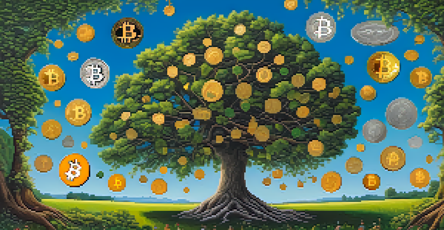 A tree representing a diversified investment portfolio with branches for Bitcoin, stocks, and bonds against a blue sky.