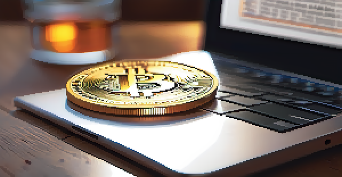 A close-up of a Bitcoin coin on a wooden desk with warm lighting, surrounded by a blurred financial newspaper and a laptop displaying graphs.