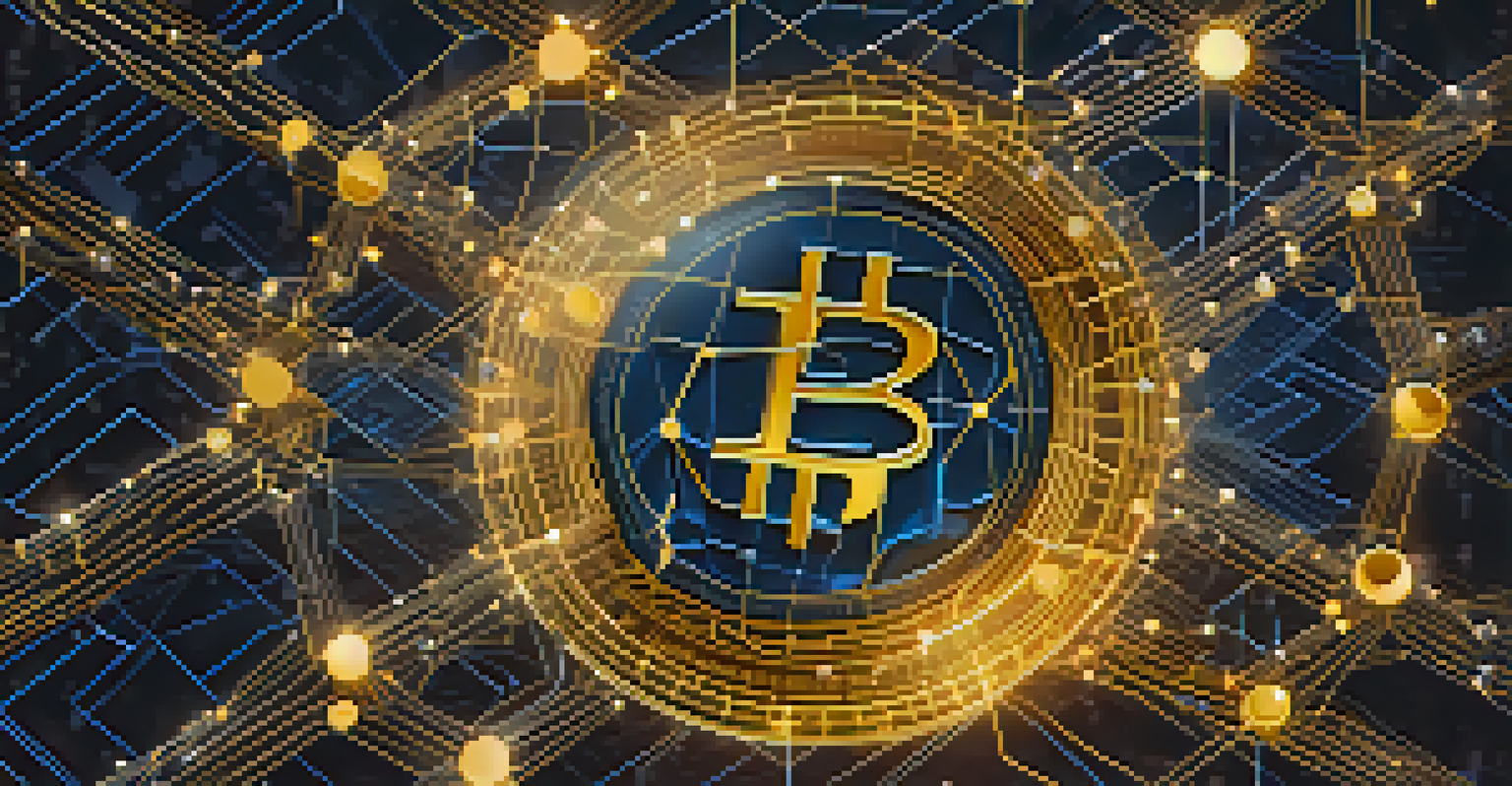 An illustration of a blockchain network with glowing nodes and a central Bitcoin symbol surrounded by other cryptocurrency icons.