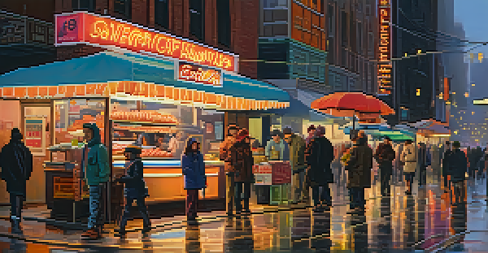 A lively city street at dusk with neon signs and people walking.