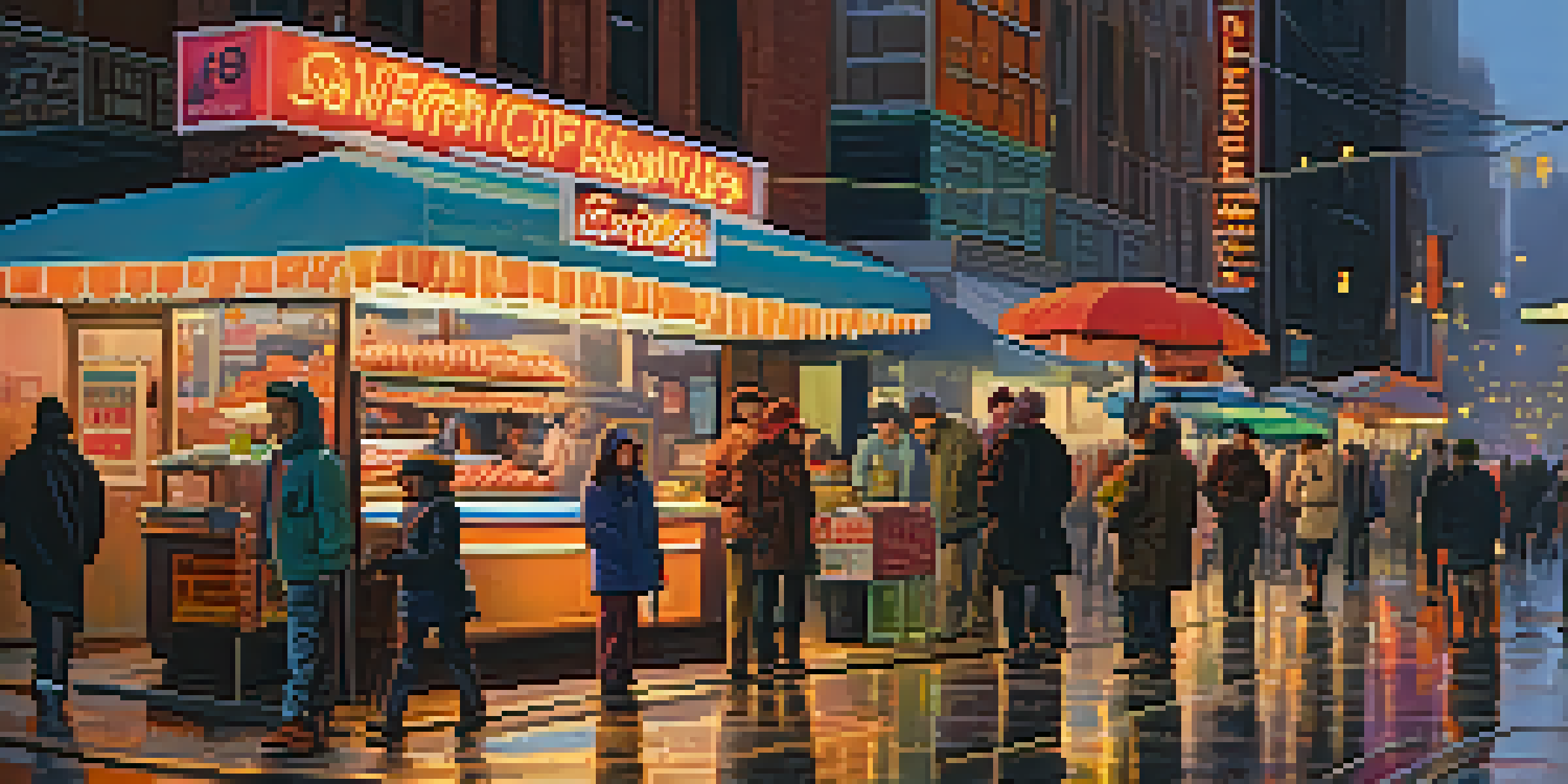 A lively city street at dusk with neon signs and people walking.