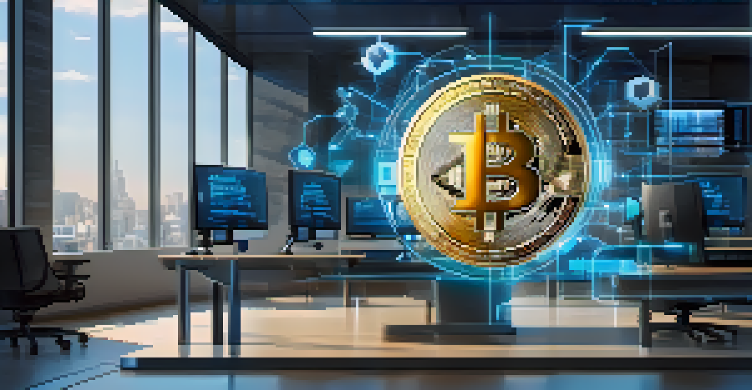 A secure digital environment illustrating Bitcoin's blockchain technology, featuring a lock and interconnected nodes in a modern office.