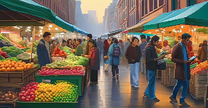 A bustling market with various stalls where people are using smartphones for digital transactions, surrounded by colorful fruits and vegetables.